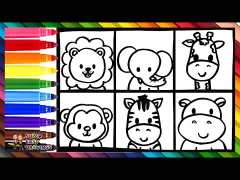 Drawing and Coloring Wild Animals 🦁🐘🦒🐵🦓🦛🌈 Drawings For Kids