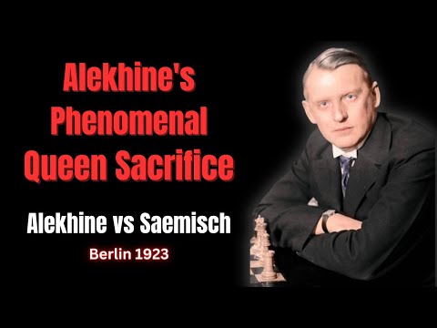 Saemisch Resigns with an Extra Queen on Move 20. Queen Sacrifice. Alekhine vs Saemisch 1923