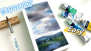 Easy watercolor sky painting process (blue sky and white clouds)