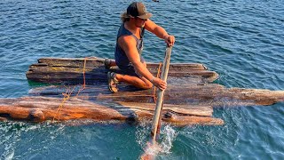 DIY Log SURVIVAL Raft At Remote Trout FISHING Lake
