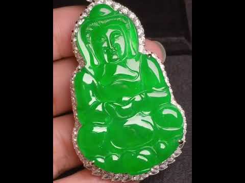 large 51.8 x 32mm bright green Jadeite guanyin pendant
