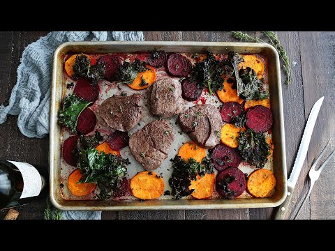 One-Pan Filet with Beets, Sweet Potato and Crispy Kale
