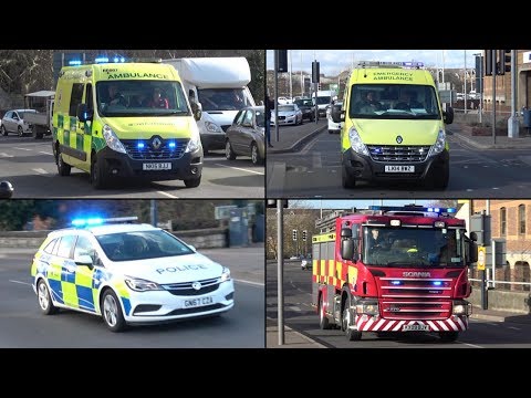 Ambulances, Police car and Fire Engine responding - UK lights and sirens!