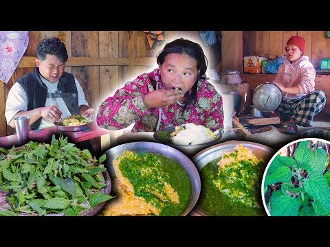 Nettles curry with Corn Rice cooking & eating in Village kitchen | Nepali Traditional food Food Vlog