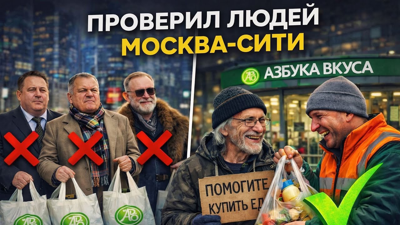 Я притворился бедным дедушкой в Москва-Сити и пошёл просить еду в Азбуку Вку?