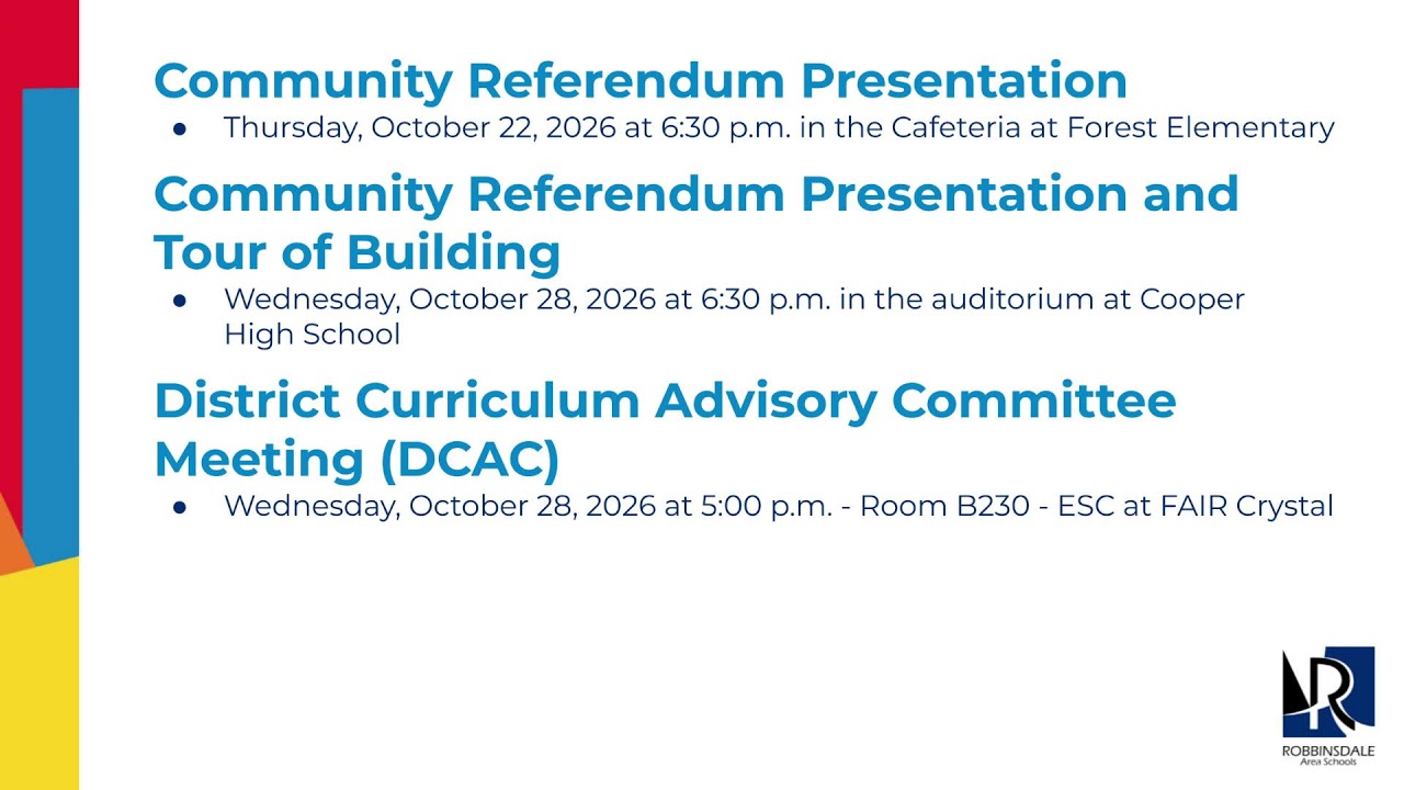 Robbinsdale Area Schools Board Business Meeting - October 5, 2026 - 7 p.m.