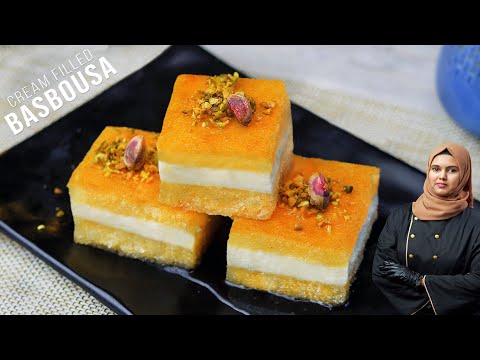 Basbousa Recipe | Cream Filled بسبوسة | Famous Middle Eastern Eid Dessert