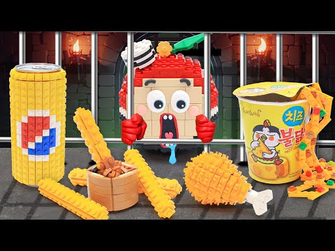 Lego Food | How Red Apple Survive Three Day with Yellow Food IN JAIL | ASMR Sound