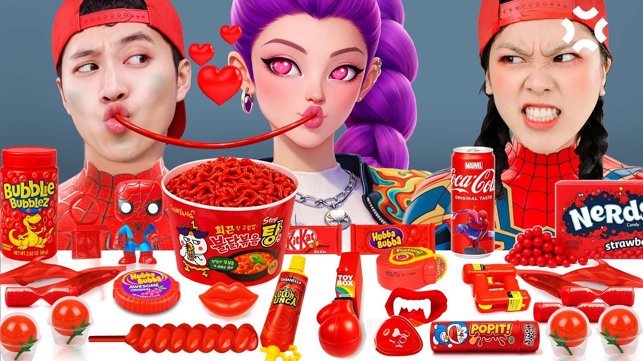 24時間赤い食べ物だけを食べるチャレンジ | ASMRモッパン Spiderman VS Rumi - Kpop Demon Hunters