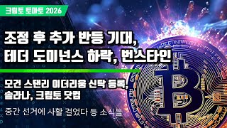 01/08) 조정 후 추가 반등 기대, 테더 도미넌스 하락, 번스타인 모건 스탠리 이더리움 신탁 등록,솔라나, 크립토 닷컴