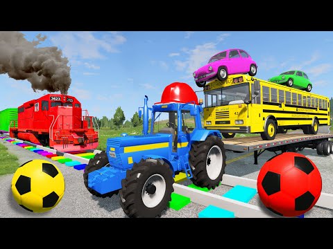 BeamNG Drive - Cars vs Deep Water - Flatbed Trailer Truck vs Monster Truck - Bus vs Trains