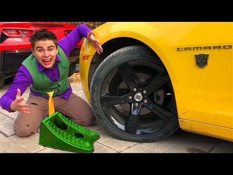 Mr. Joe on Chevrolet Camaro in Tire Service VS Green Man VS Wheels Car in Funny Race for Kids Video
