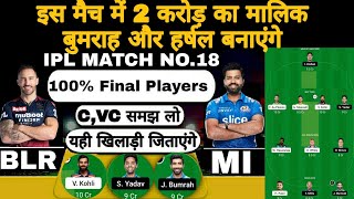 BLR vs mi ipl 18th match fantasy team of today match | blr vs fantasy team