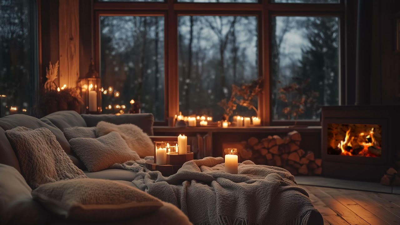 Warm Fireplace & Soft Piano | Relaxing Holiday Ambience with Snowfall