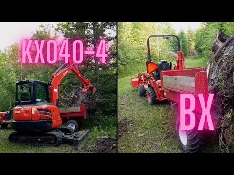 Kubota BX And Kubota KX040-4 Moving Tree Stumps