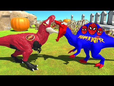 DINOSAUR Flash T-REX vs SPIDERMAN SPINO vs Green Superman Brachio - Animal Revolt Battle Simulator
