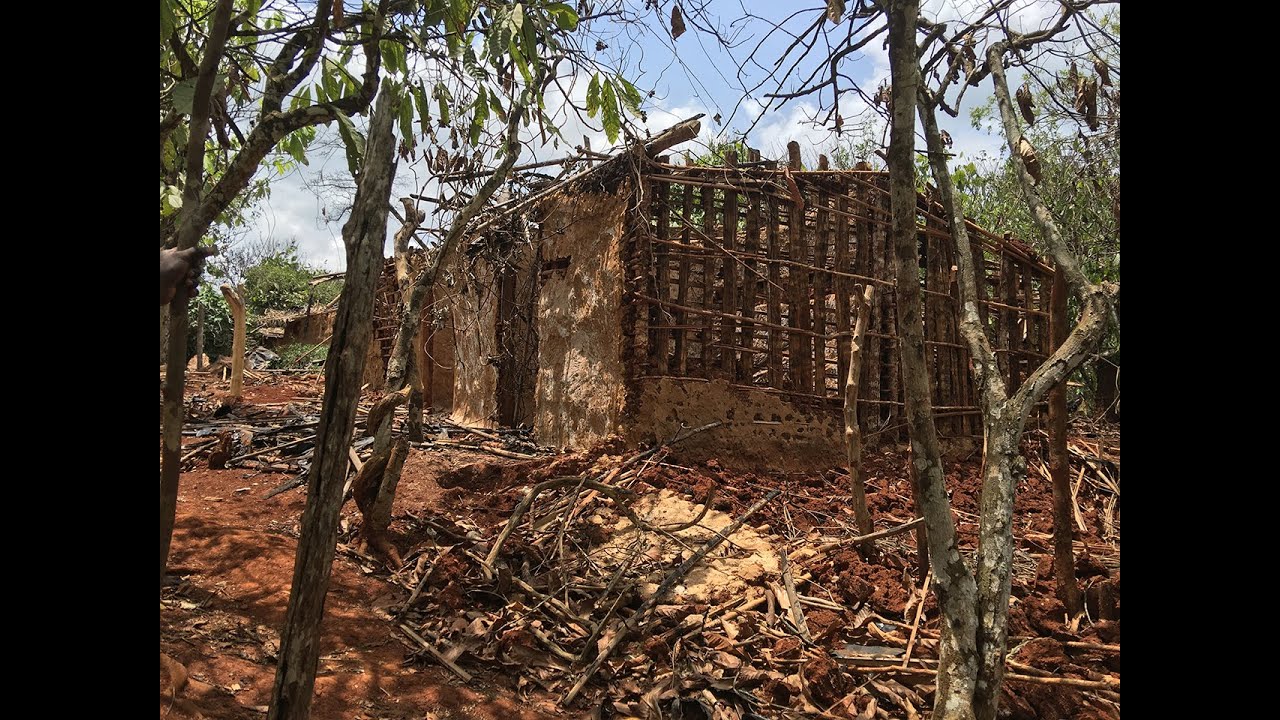 A picture of a burned down house in western Ivory Coast.