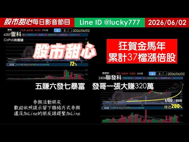 0602【甜心盤後節目】【５日設訊讓您親眼見證會員賺不停的喜悅】賀金馬年累計37檔長輩股！五賺六發七暴富發哥一張大賺320萬！