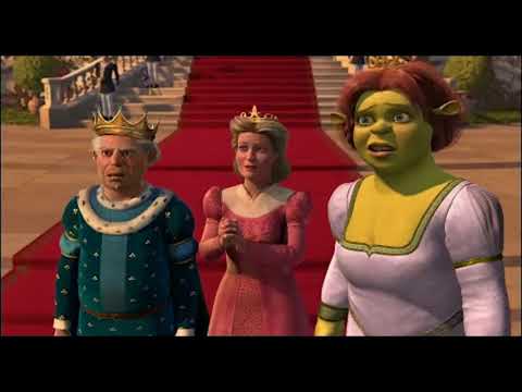 Shrek 2 official trailer still with Shrek, Fiona and Donkey entering Far Far Away