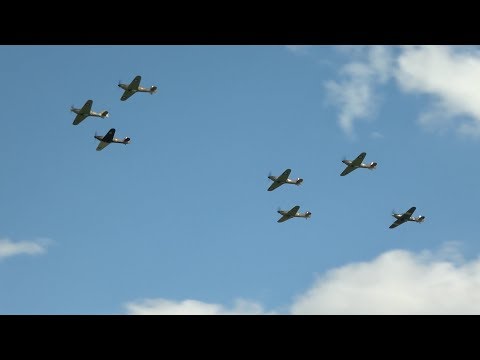 7 Hurricanes at Old Warden - largest UK Hurricane flight since 1946