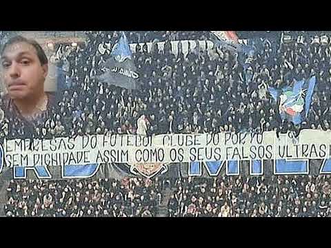Tiffosi do inter insultam Ultras do fcporto e dirigentes de falsos e fdp, com tarjas em San siro