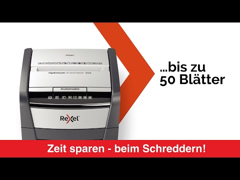Artikelvideo 1 für AKTION: Rexel Optimum AutoFeed+ 50X Aktenvernichter mit Partikelschnitt P-4, 4 x 28 mm, bis 50 Blatt, schwarz mit 20 Euro CashBack, Artikelnummer 267353