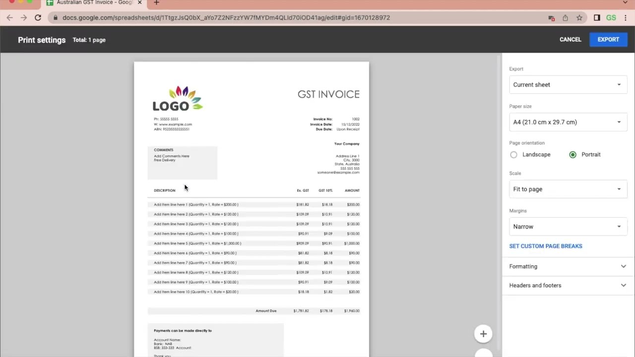 Australian GST Invoice - Save as a PDF
