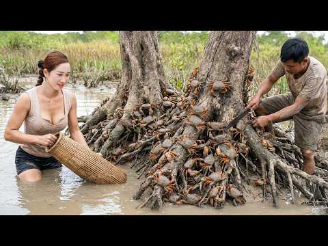 Shocking! Giant Crabs Inside Tree Trunk, Woman Fights Back with Primitive Tools - What Happens Next?