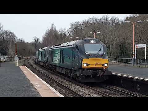 Nuclear flask working through Stourbridge Junction with DRS 68005  and 68017 Crewe bound. 15.02.22