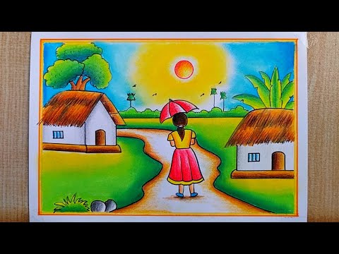 Summer Seasons Scenery drawing| Village scenery drawing | How to draw Summer season Village drawing
