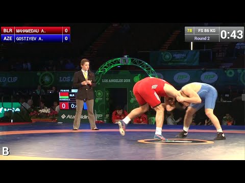 Round 2 FS - 86 kg: Amarhajy MAHAMEDAU (BLR) df. Aleksandr GOSTIYEV (AZE), 1-1
