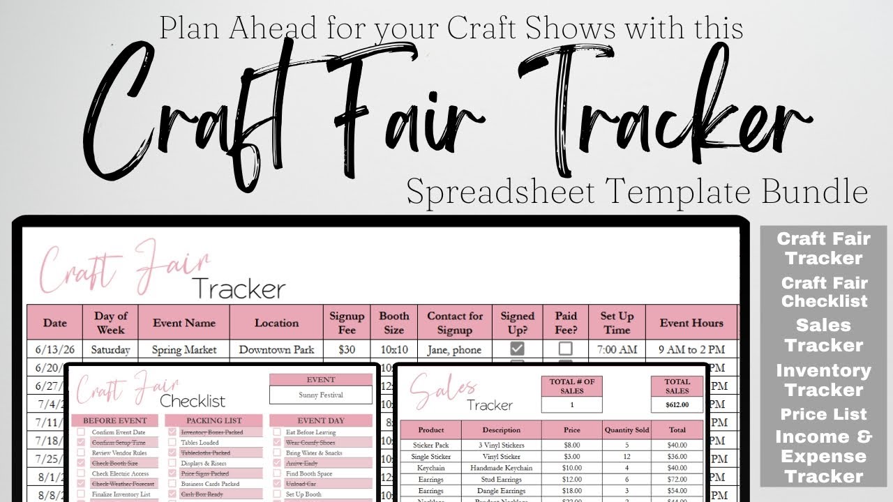 Craft Fair Tracker Google Sheets, Craft Show Planner Excel Spreadsheet, Sales, Inventory, Checklist