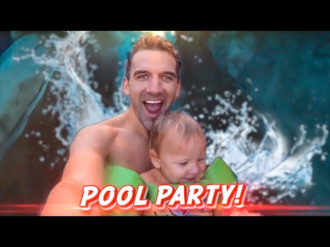 Smiling man holds a laughing toddler on a green pool float with 'POOL PARTY!' text overlay in a bright pool scene