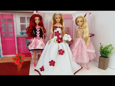 Barbie Doll Rapunzel Ariel Disney Princesses Wedding Morning Routine in Barbie House. Video for Kids