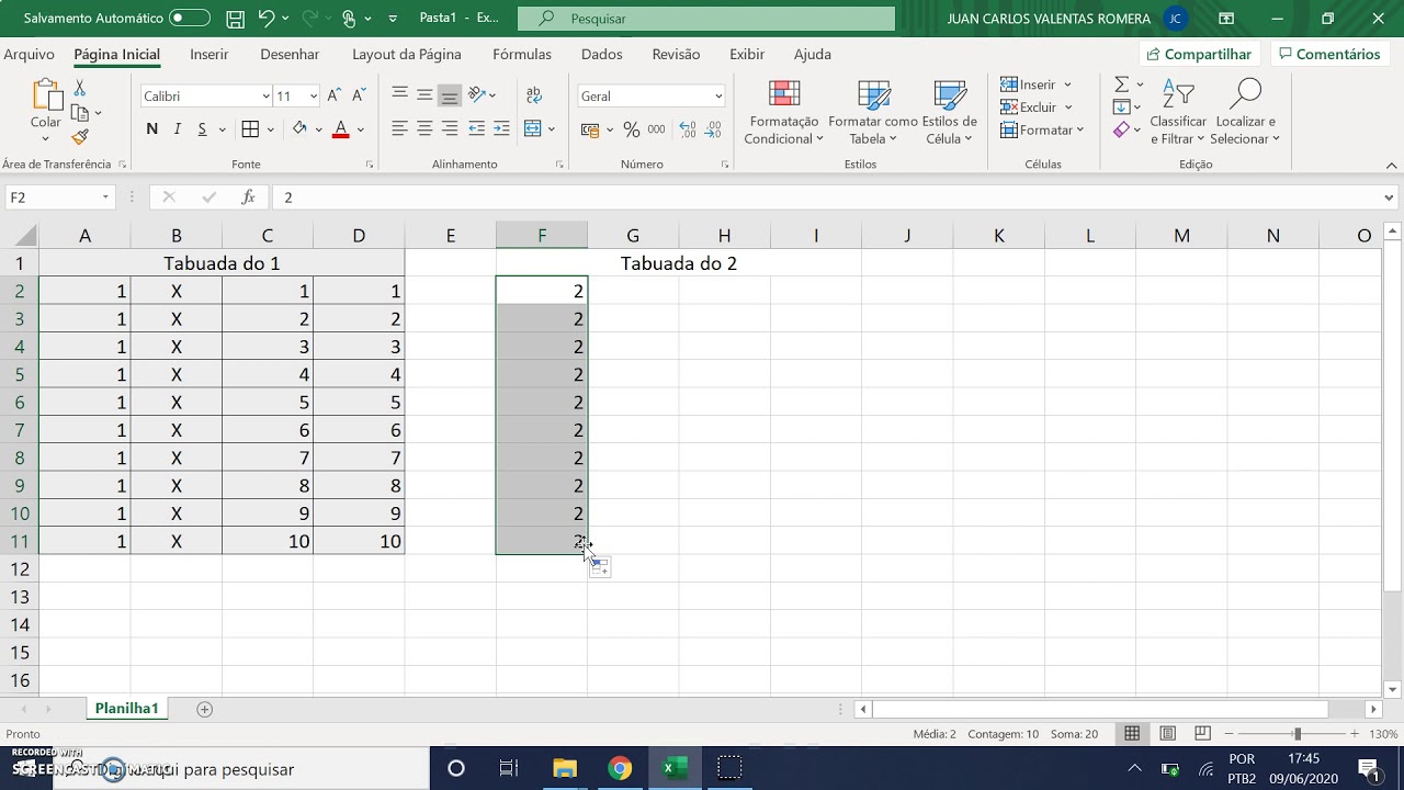 Excel Exercício Tabuada