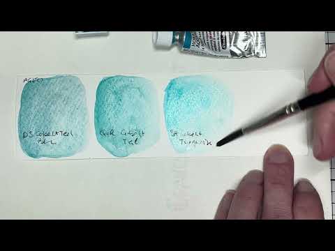 Cobalt Teal/Turquoise PG50 Watercolour Comparison: Daniel Smith, QoR, Schmincke swatch card