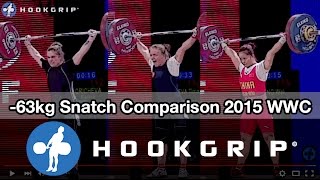 Karina Goricheva, Tima Turieva, Deng Wei (63) - snatch comparison @ 2015 Worlds