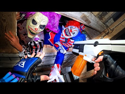 WE FOUND THE STOLEN NERF GUN ARSENAL! And a Killer Clown Lair...