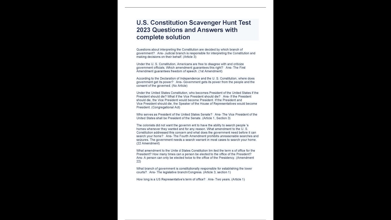 U S  Constitution Scavenger Hunt Test 2023 Questions and Answers with complete solution