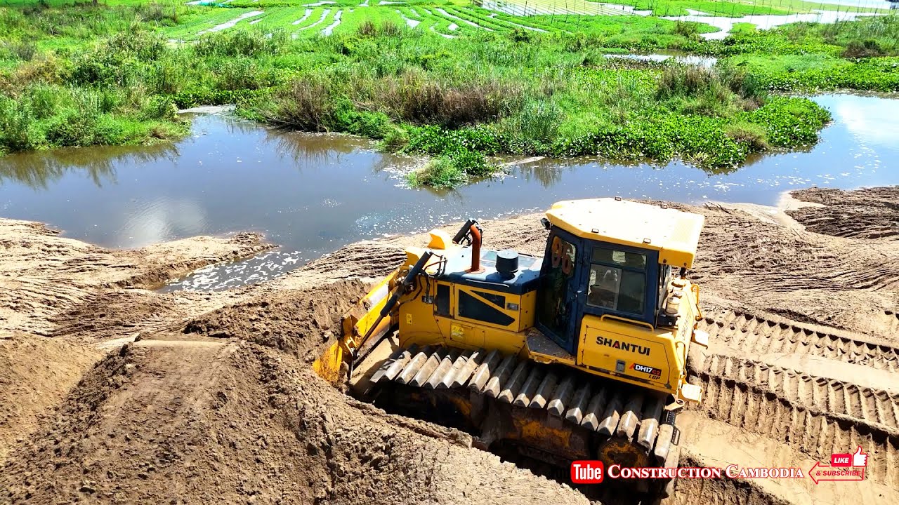 Greatest operator Shantui dh17c2 Dozer force pushing sand & Dump Trucks Largest sand filling project