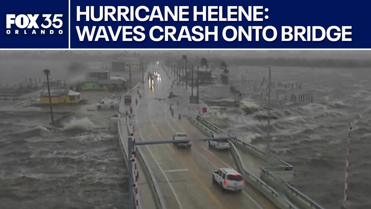 Hurricane Helene: Cars crossing Matlacha Bridge as waves crash onto street