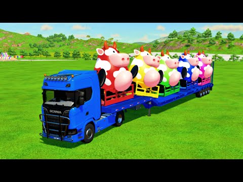 TRANSPORTING FIVE COLOR COWS WITH COLORED MINI TRACTORS ON RAINBOW COWS BRIDGE -Farming Simulator 22