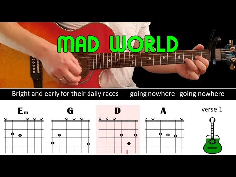 MAD WORLD - Guitar lesson - Acoustic guitar (with chords & lyrics) - Gary Jules