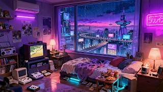 Neon Nostalgia Bedroom 🎮💜 Cozy Rainy Night Lofi for Study & Sleep 🌧️