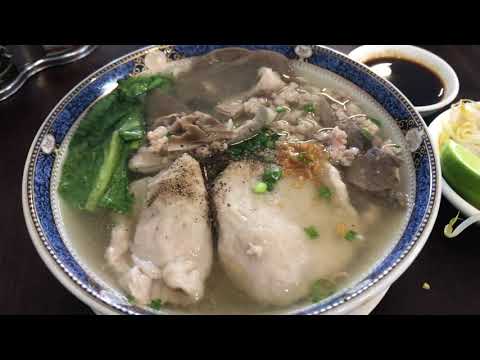 Khmer Noodles Soup for breakfast at country village market in Cambodia