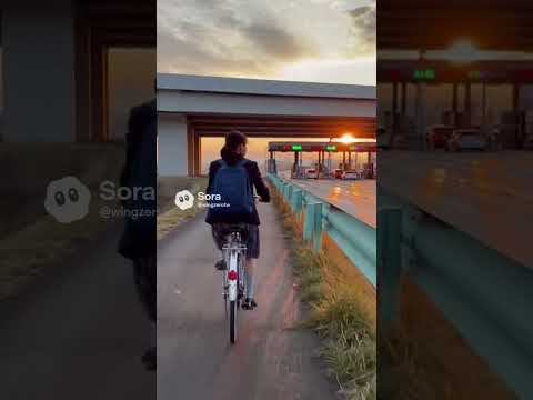 日本の女子高生が自転車で高速道路の料金所の近くを通りかかるシーン