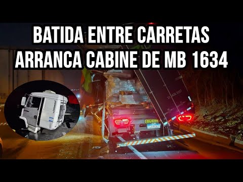 Batida entre carretas arranca cabine de MB 1634, Criança perde a vida após subir e cair de reboque