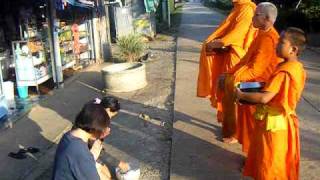 preview picture of video 'Thai Buddhist Monks on Alms Round'