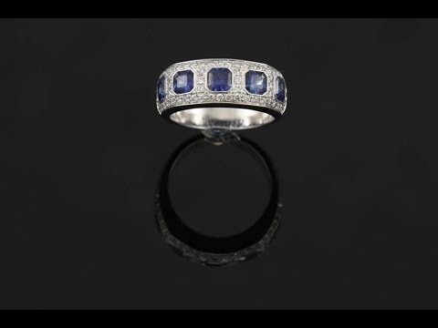 Blue Sapphire Asscher Cut Princess Pave Diamond White Gold 5 Stone Wedding Band