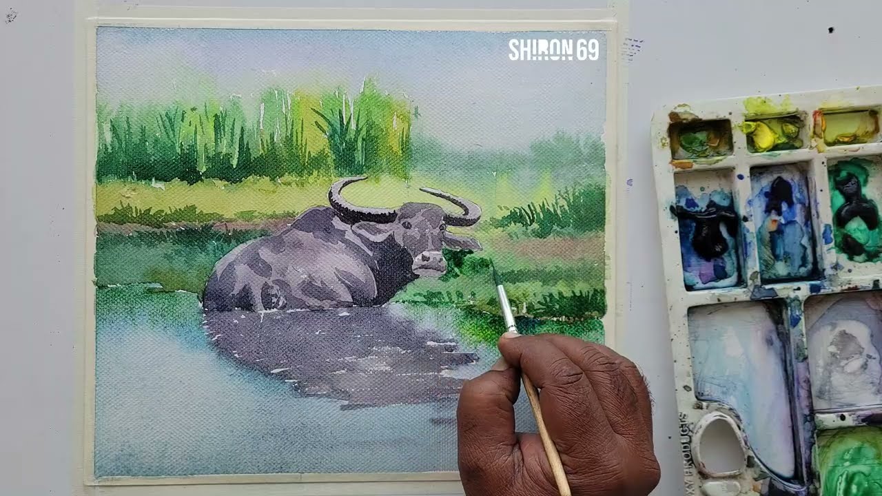 'buffalo' watercolor painting in easy way for beginners